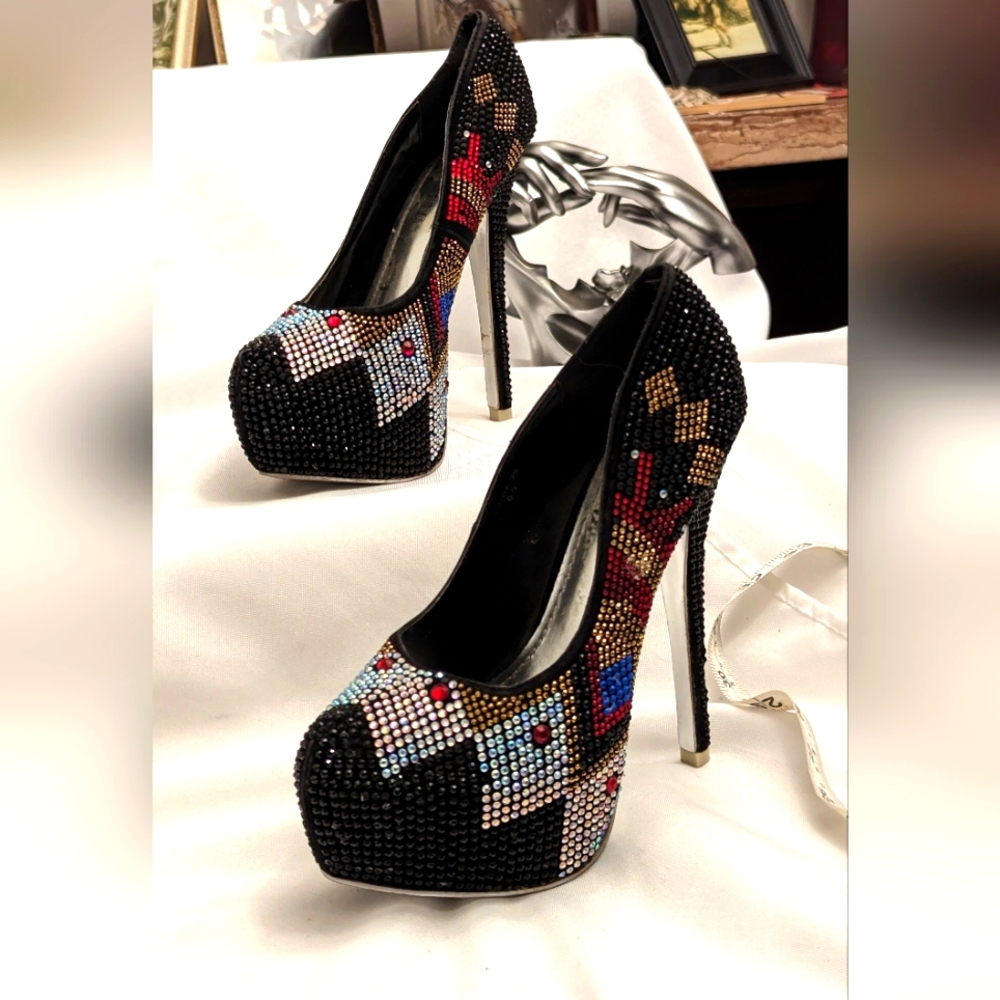 Mascotte ladies black, red, and gold studded platforms